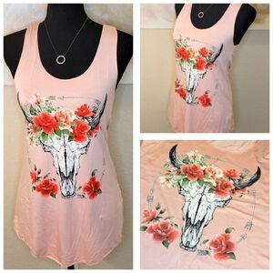 Bull Skull with Infinity Arrows & Floral Detail Tank Top Pink